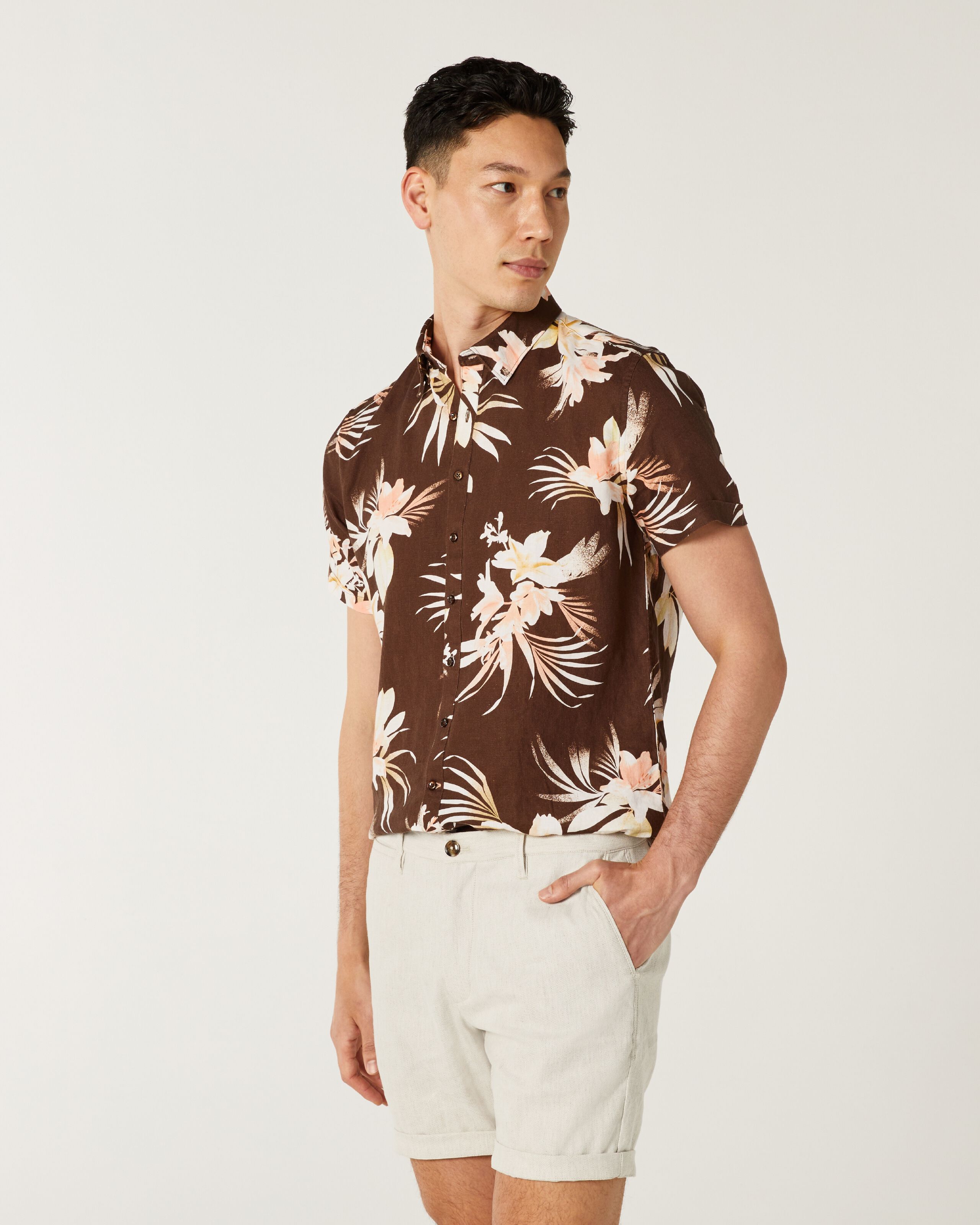 Short Sleeve Floral Shirt - Brown - Short Sleeve Floral Shirt